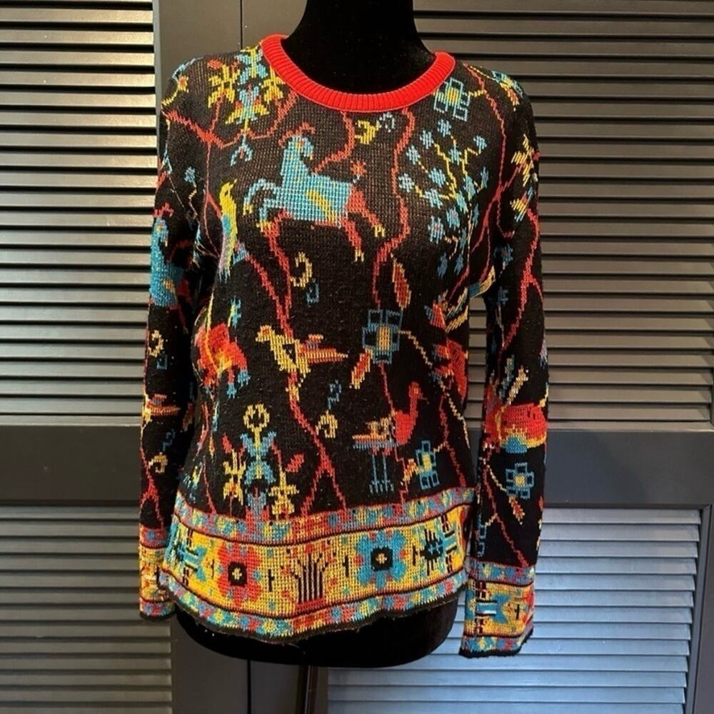 Vintage Boho Sweater, Colorful Plants & Animals on a Black Background, Size S/M - Picture 2 of 11